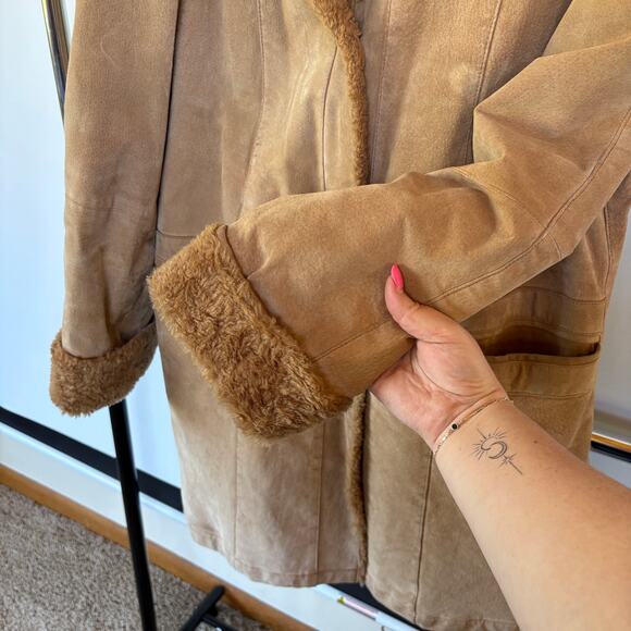 Vintage Leather Pennylane Coat Faux Fur Trim Longline Winter Heavy Hooded Medium - Picture 8 of 12